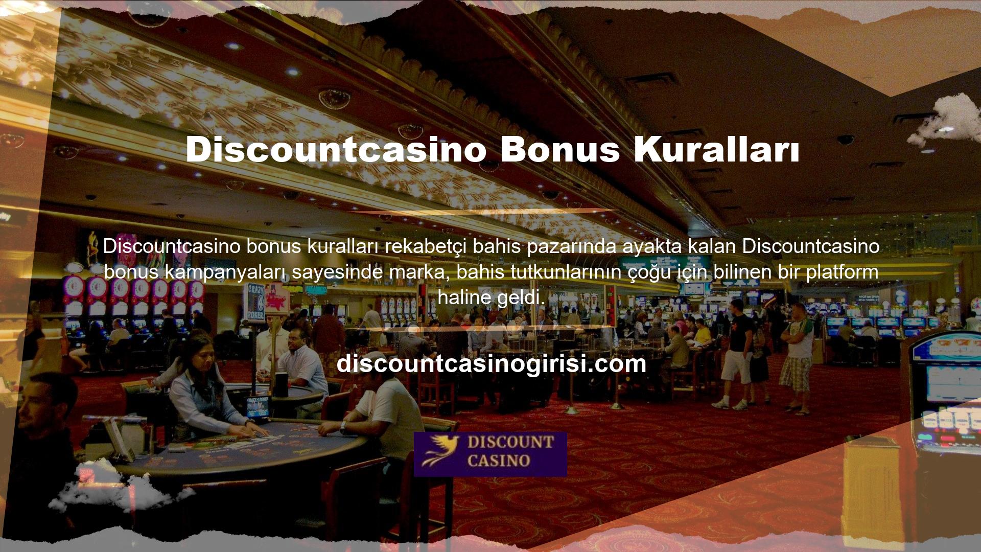 Discountcasino, sektördeki sürdürülebilirliğini sağlamak için ücretsiz bahis bonusları sunarak kullanıcılara hitap eden ve sadece üyelik düşünen isteksiz kullanıcılara açılan lisanslı bahis sitelerinden biridir